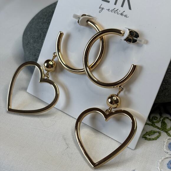 ETK by Ettika Gold Hoop Heart Earrings NWT Minimal MOD Retro Darling Gift - Picture 3 of 5